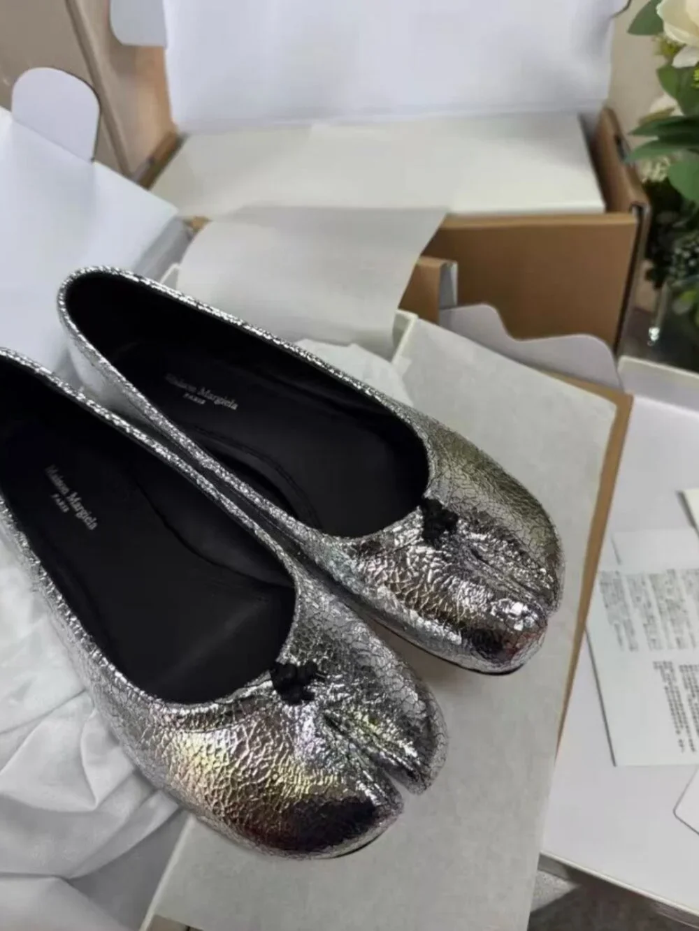 Maison Martin Margiela Silver Cracked Leather Tabi Split Toe Flats